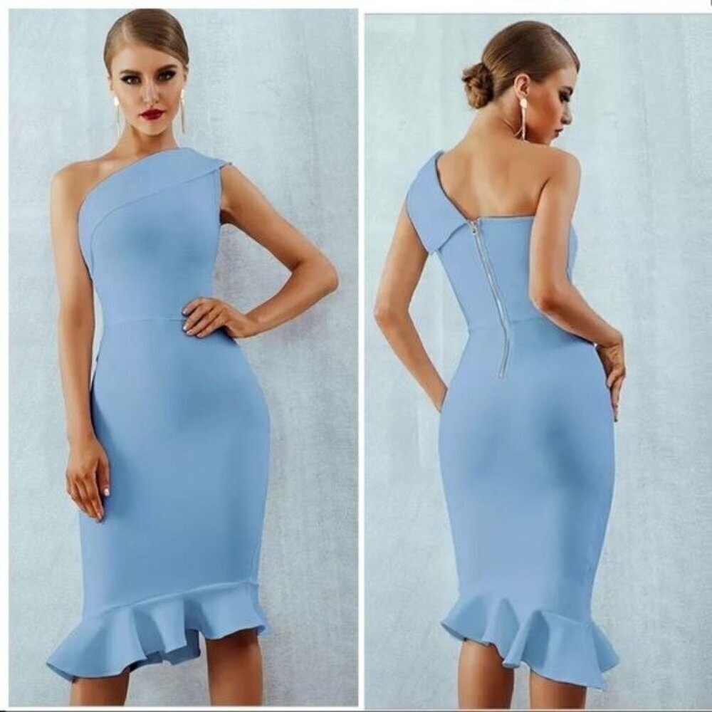 Chloe Bandage Dress One Shoulder Sleeveless Ruffles Party Mermaid blue